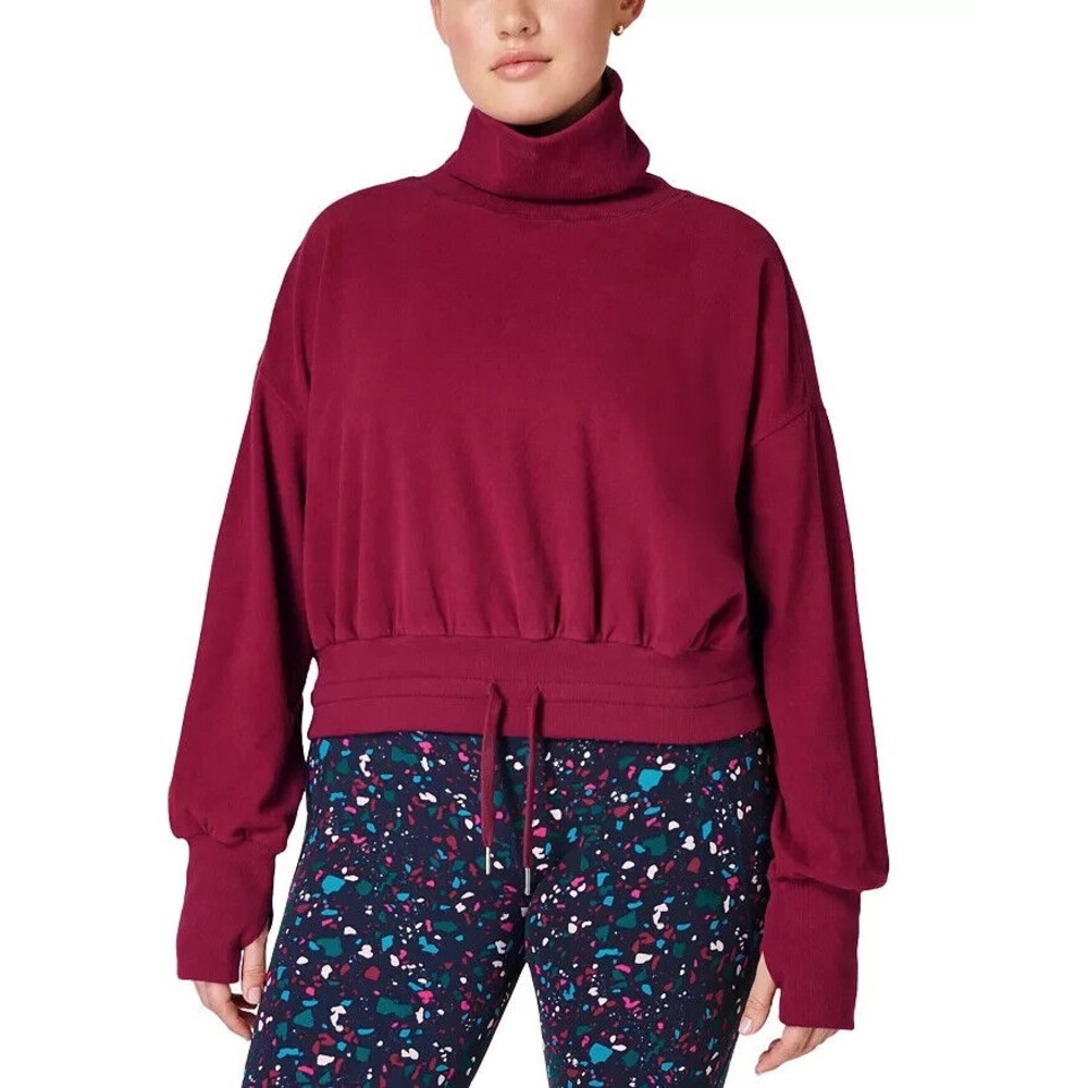 Sweaty Betty Turtleneck Sweatshirt Melody Luxe 6/S Vampy Red Cowl Tie Wais‎